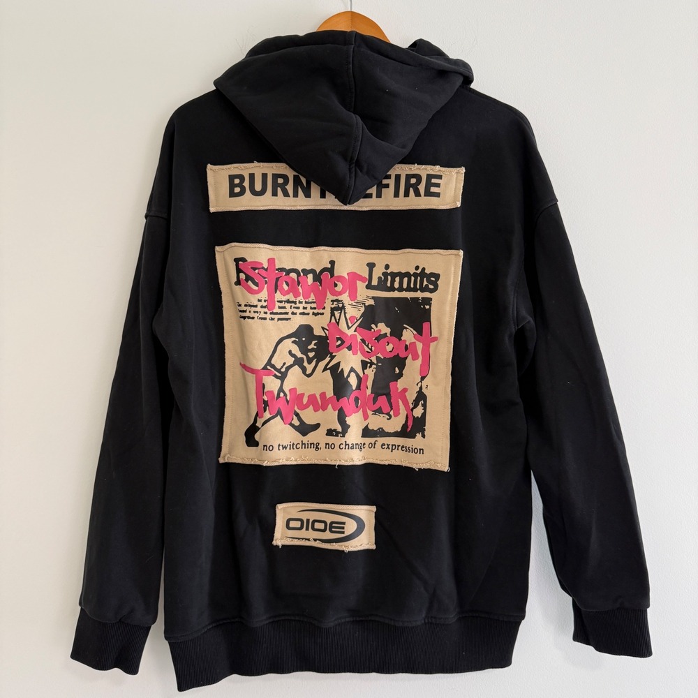 Aelfric Eden Mens Black Graphic Back Patch Hoodie OIOE Burn Fire Streetwear L